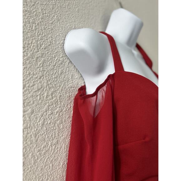 Fashion Nova Red Cold Shoulder Wide Leg Jumpsuit Belted Falling For Your Charm M - Picture 4 of 16